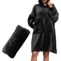 Bluzair Kocobluza kolor czarny, rozmiar oversize, 4w1 jako : komfortowa bluza, ciepły koc, miękki szlafrok i wygodna poduszka.