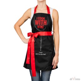 Fartuszek kuchenny dla gotującej kobiety czarny z czerwonym paskiem i napisem "I cook with wine" zabawny prezent dla siostry