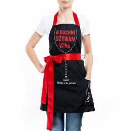 Czarny fartuszek kuchenny z czerwoną kokardą, dla gotującej kobiety, produkt Polski, z zabawnym napisem, śmieszne prezenty.