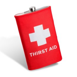 Gigantyczna Piersiówka na alkohol z napisem "Thirst Aid" 1900 ml, dla mężczyzny dla faceta na górskie piesze wędrówki lub biwak.