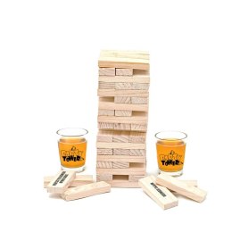 Imprezowa Wieża z kieliszkami, alko gra zespołowa drewniana wieża dla wielu osób, impreza, domówka, pytanie czy wyzwanie.