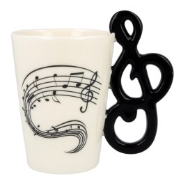Kubek Muzyka, biały kubeczek z czarnym wzorem pięciolini i uchem w kształcie Klucz wiolinowy muzyczny kubeczek, pojemność 220ml.