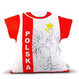 Poduszka ozdobna w kształcie koszulki sportowej z godłem Orłem w koronie i napisem Polska, 